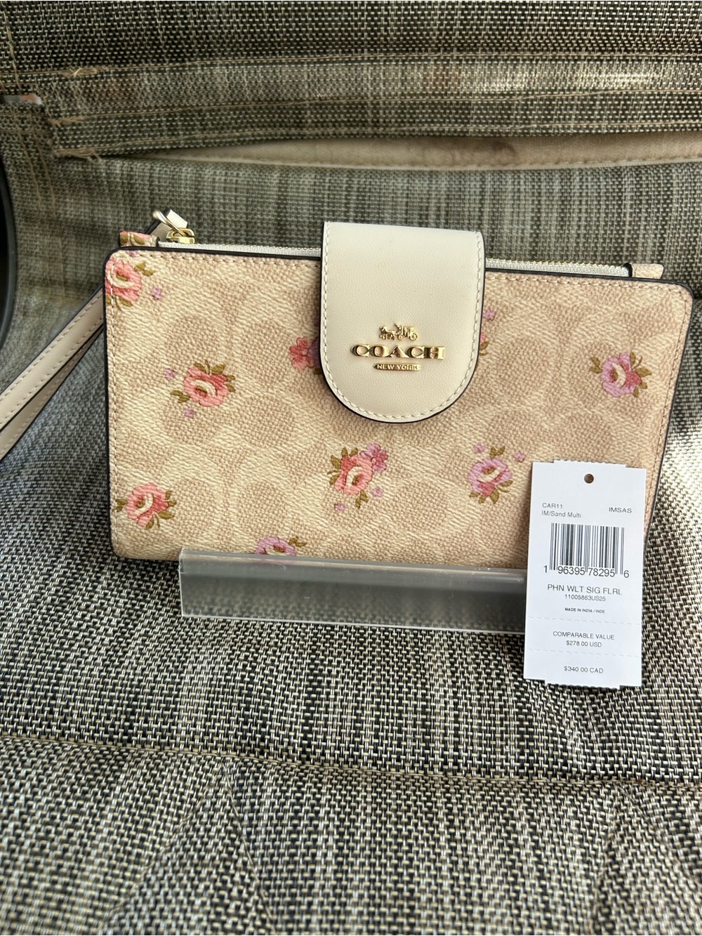 Coach Beige Floral Signature Wristlet Wallet with Pink Rose Accents NWT